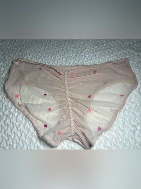 Victoria’s Secret Sheer Pink Embroidered Heart Bikini panties, size XL, retired